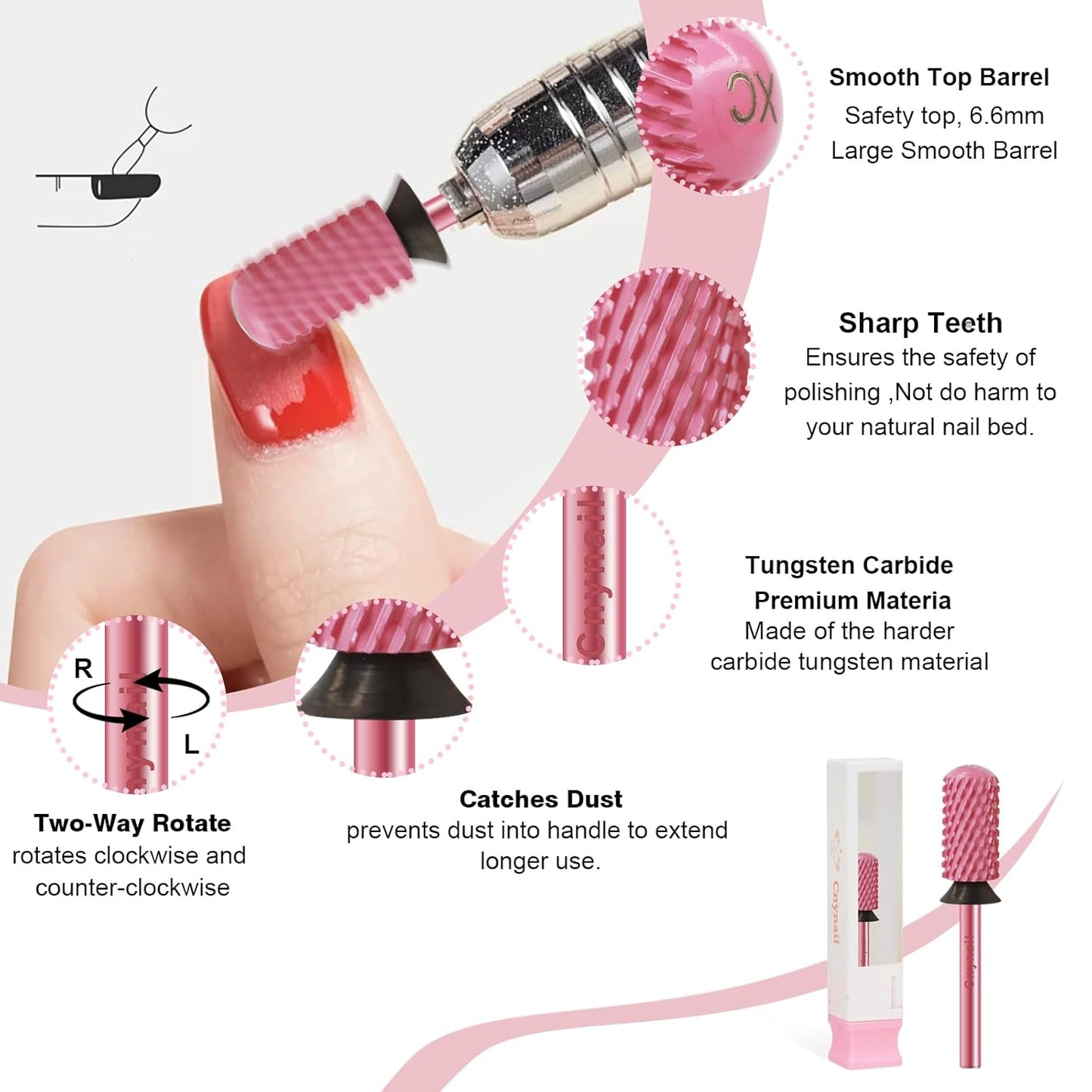 3/32" Large Barrel Smooth Round Top Tungsten Carbide Nail Drill Bit Safety for Gel & Acrylic Removal 2-Way Rotating Efile Tip Professional Salon Electric File Accessory (XC Grit, Rose Red)