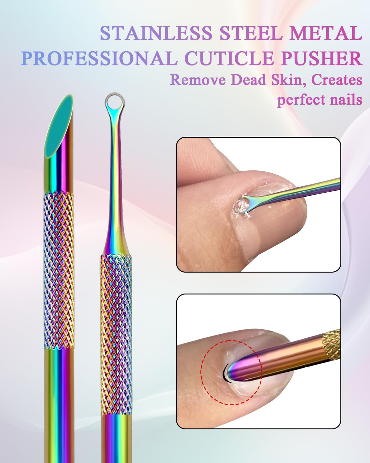 Dual Ended Cuticle Remover, Pre-treatment Cuticle Pusher with Loop Cuticle Pusher Removing, Stainless Steel Cuticle Nail Tool with 100#/240# Grit Nail Files and 1p Storage Bags, For Salon & Home Use