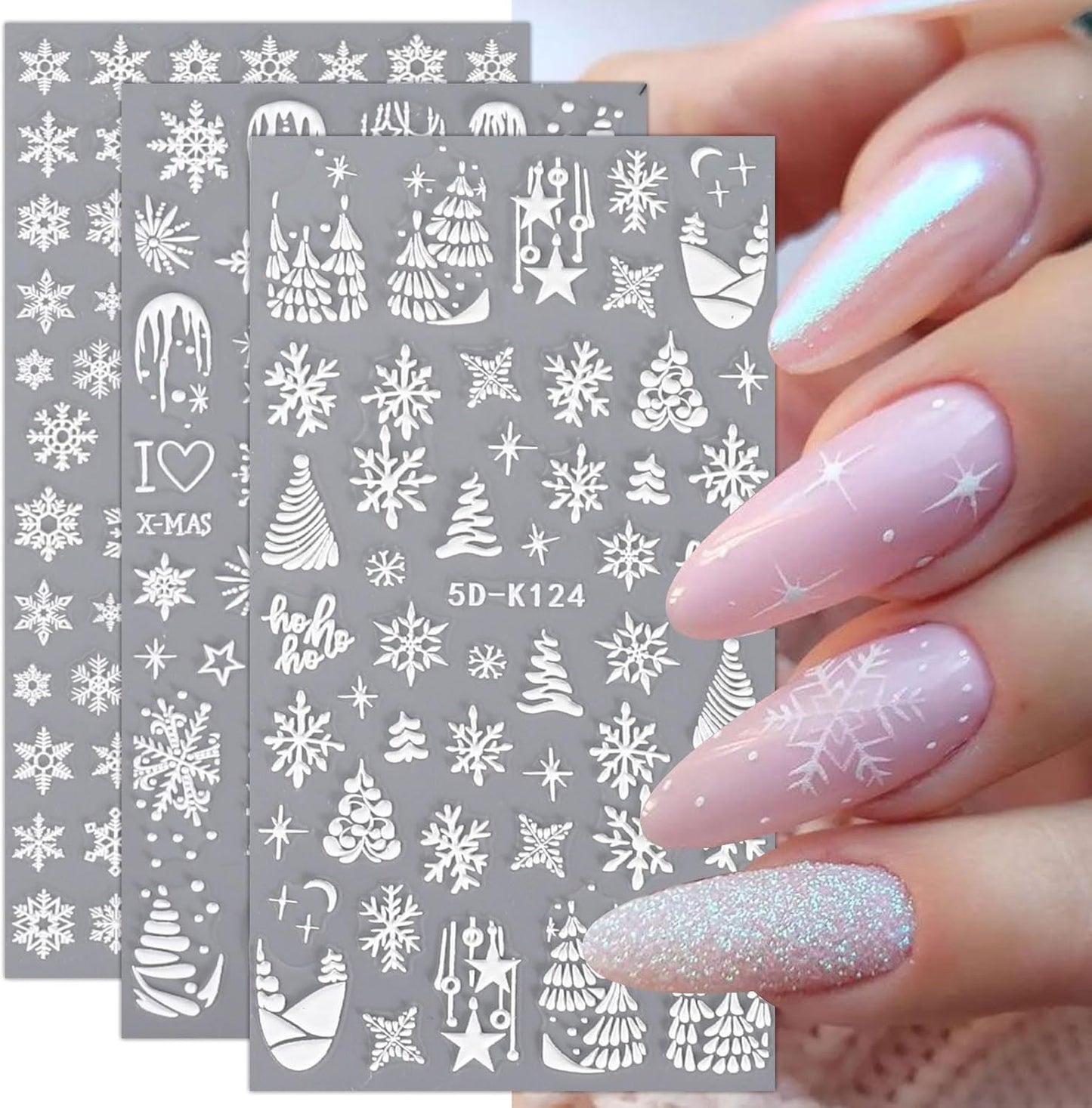 JMEOWIO 3D Embossed Christmas Snowflake Holiday Nail Art Stickers Decals Self-Adhesive 5D Nail Supplies Nail Art Design Decoration Accessories 3 Sheets