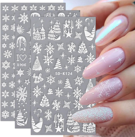 JMEOWIO 3D Embossed Christmas Snowflake Holiday Nail Art Stickers Decals Self-Adhesive 5D Nail Supplies Nail Art Design Decoration Accessories 3 Sheets