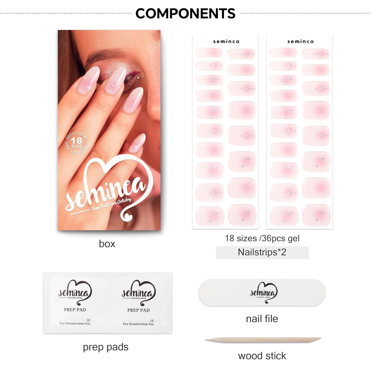 Semi Cured Gel Nail Strips-Semi Cured Gel Nails Celestial Design Nude Pink Shimmer with Gold Stars & Moons, Long Almond Press on Nails, Whimsical Manicure(Shooting Star)