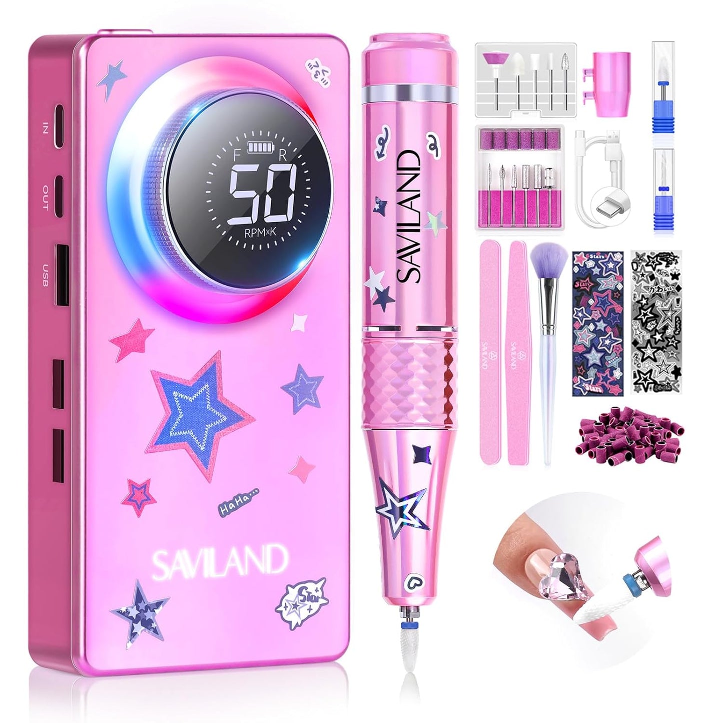 SAVILAND 50000RPM Professional Nail Drill: Rechargeable Electric Nail File 6000mAh Battery Nail Filer Electric for Manicure Pedicure Shaping & Acrylic Removal Salon Use Drill para Uñas Profesional