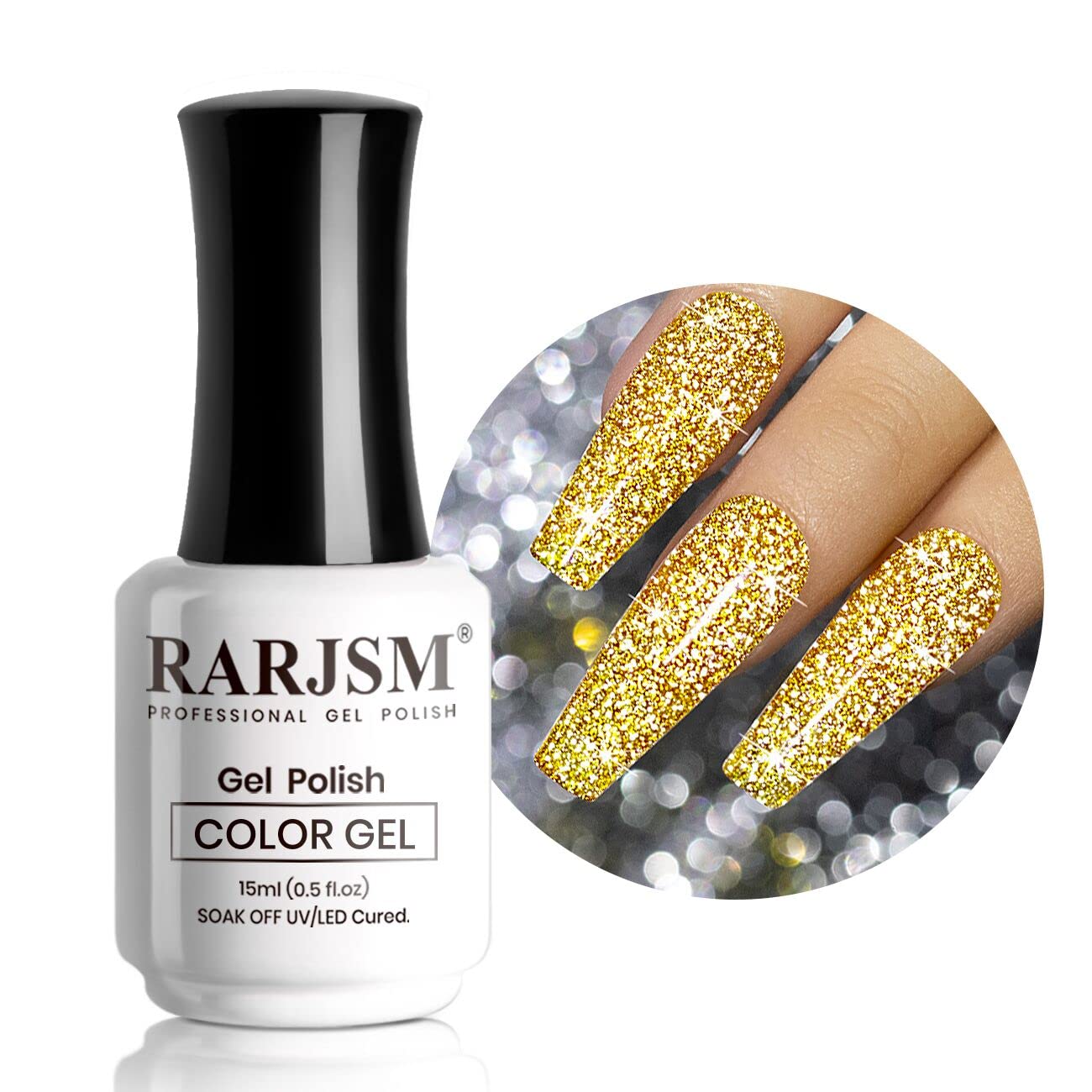 RARJSM Gold Glitter Gel Nail Polish,Reflective Gel Nail Polish,Flash Diamond Nail Gelpolish Soak off Disco Shimmer Gelpolish UV LED Curing Requires 15ml for Home Salon Diy Nail Manicure Decoration