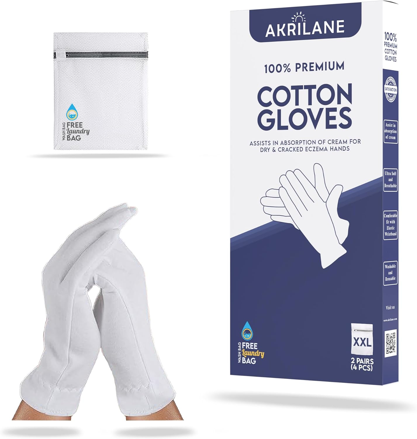 XXL Extra Extra Large 2 Pairs 100% Premium Cotton Gloves for Dry Hands | Moisturizing Overnight Gloves for Eczema, Psoriasis & Skin Spa Treatment for Women & Men | Free Laundry Bag