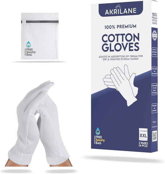 XXL Extra Extra Large 2 Pairs 100% Premium Cotton Gloves for Dry Hands | Moisturizing Overnight Gloves for Eczema, Psoriasis & Skin Spa Treatment for Women & Men | Free Laundry Bag