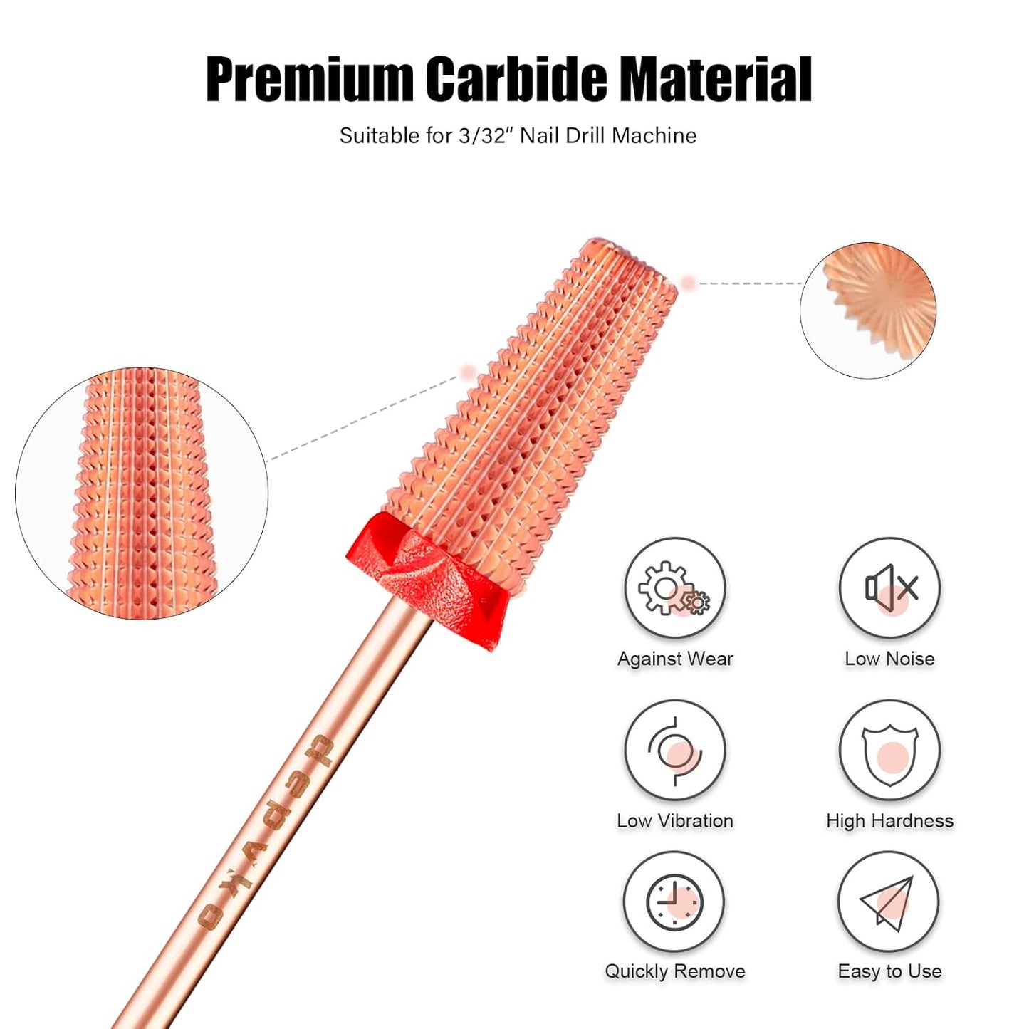 Depvko 5 in 1 Nail Drill Bits, 3/32'' Carbide Tungsten Bits, Two Way Rotate Professional Advanced Safety Bits for Nail, Fast Remove for Manicure Pedicure (Classic 5in1-Rose Gold, Fine-F)