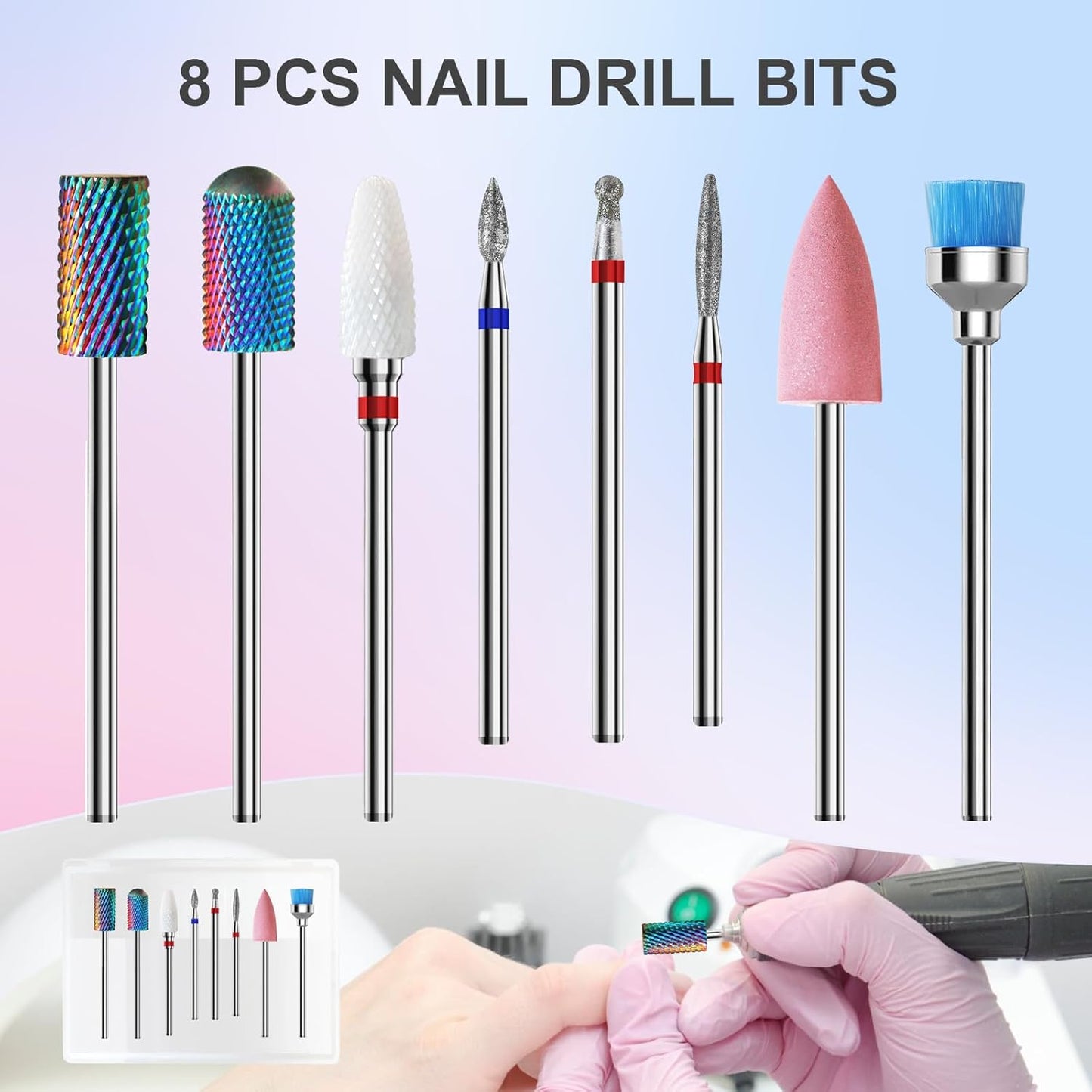 3/32'' Nail Drill Bits Set – 8pcs Tungsten Carbide & Ceramic and Diamond Bits for Acrylic, Gel & Cuticle Removal – Professional Electric Nail File Kit for Manicure, Pedicure – Home & Salon Use