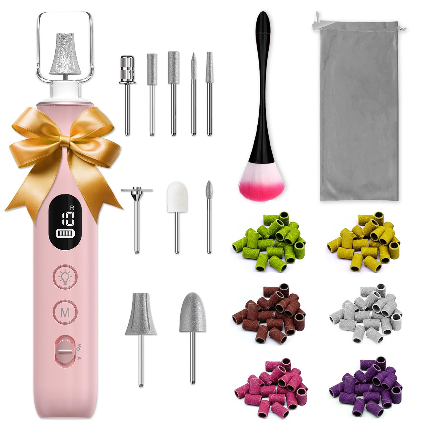 Electric Nail File, 10 Speeds Cordless Nail Drill with LED Light, Portable Manicure Pedicure Kit for Acrylic Gel Nails Thick Toenails Nail Grind, Hand Natural Nails Care - 10 Bits & 120 Sanding Bands