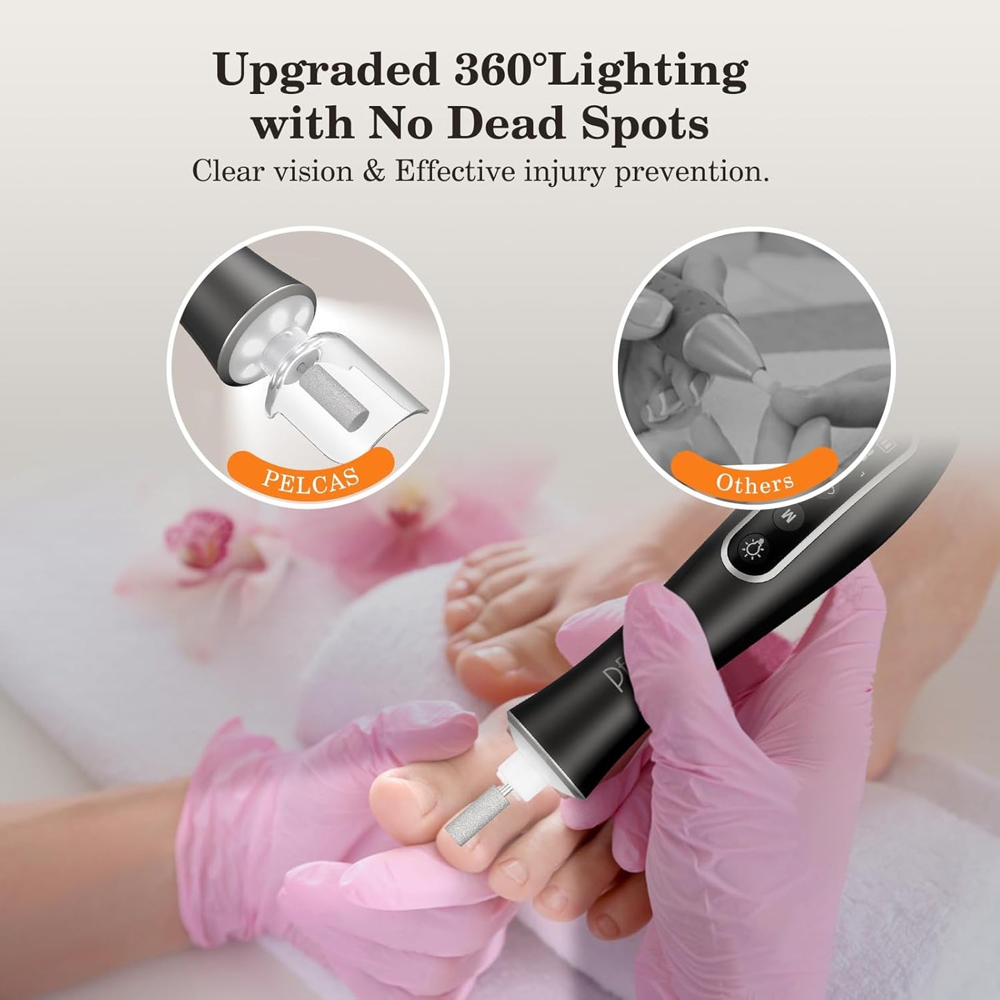 PELCAS Electric Nail Drills, Professional Cordless Nail File Kit With Light, 10 Speeds Manicure & Pedicure Kit For Human, Pet, Thick Toenails, Natural & Acrylic Nails Grey