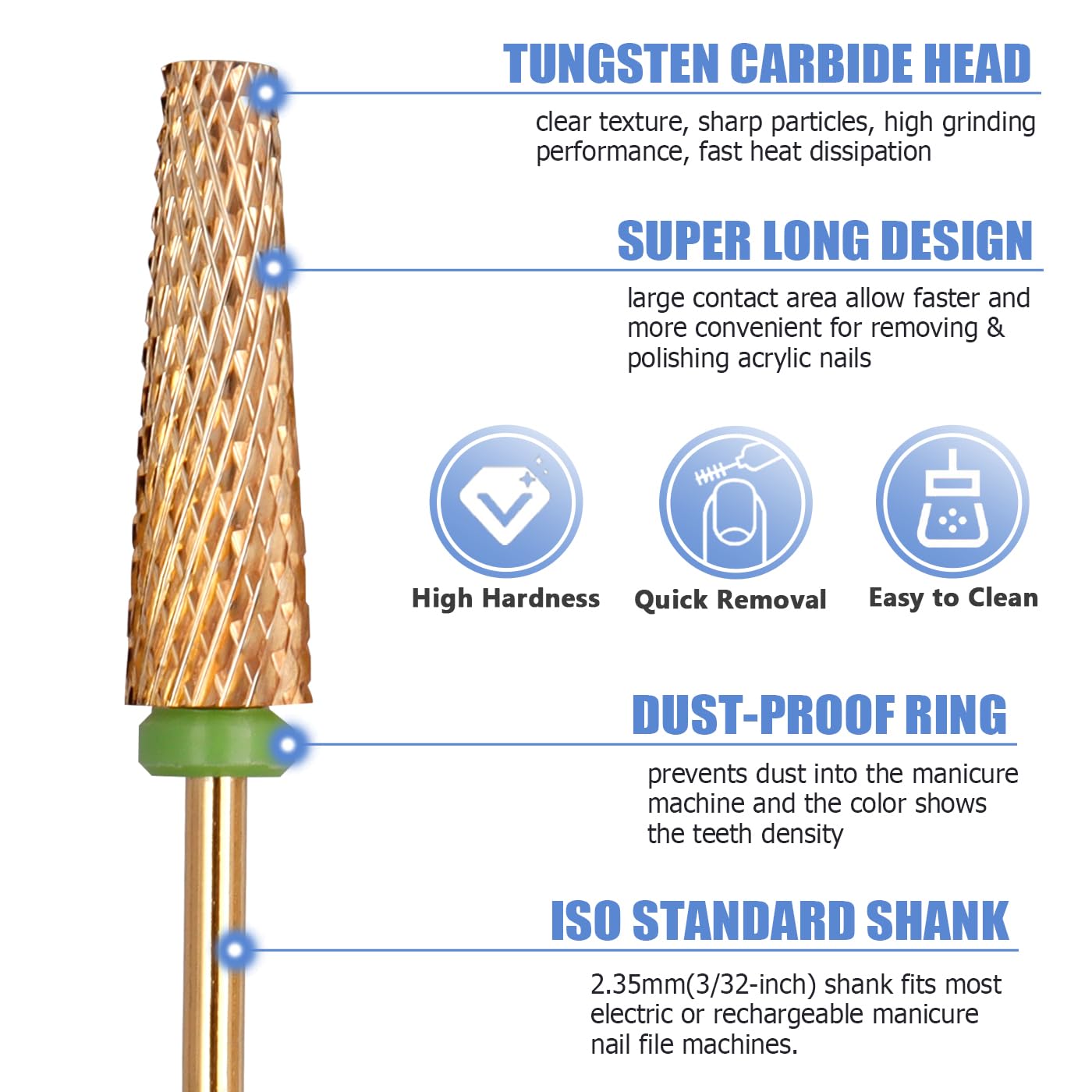 Mesee 4 Pieces Super Long 5 in 1 Nail Drill Bits, 3/32'' Shank Tapered Nail Bits Efile Safety Bits Professional Carbide Tungsten Bits for Nail Manicure Pedicure Cuticle Gel Polishing - Gold ﻿