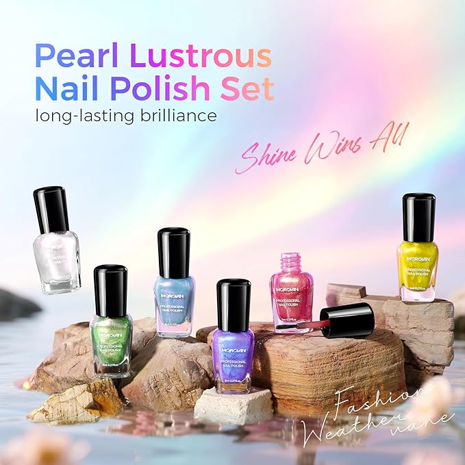 Morovan Pearl Nail Polish Set: Ombre Shimmer Glitter Sparkle Aurora Iridescent Blue Purple Yellow Green Mermaid Quick Dry Fingernail Polish Kit 2025 Nail Art Design Gift for Women Girls