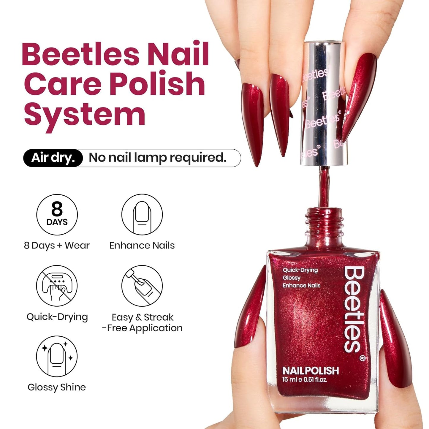 Beetles Deep Wine Red Nail Polish, Fast Air Dry, No UV Needed – Luxurious and Long-Lasting, Perfect for Christmas Party & DIY At-Home, 0.51oz