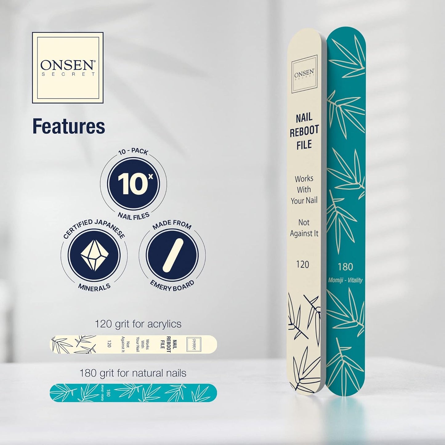 Onsen Secret Japanese Nail File - Professional 10-Pack Nail Files, Double Sided Natural & Acrylic Filers - 120/180 Grit - Disposable, Salon Smooth | Best Onsen File for Shiny Nails