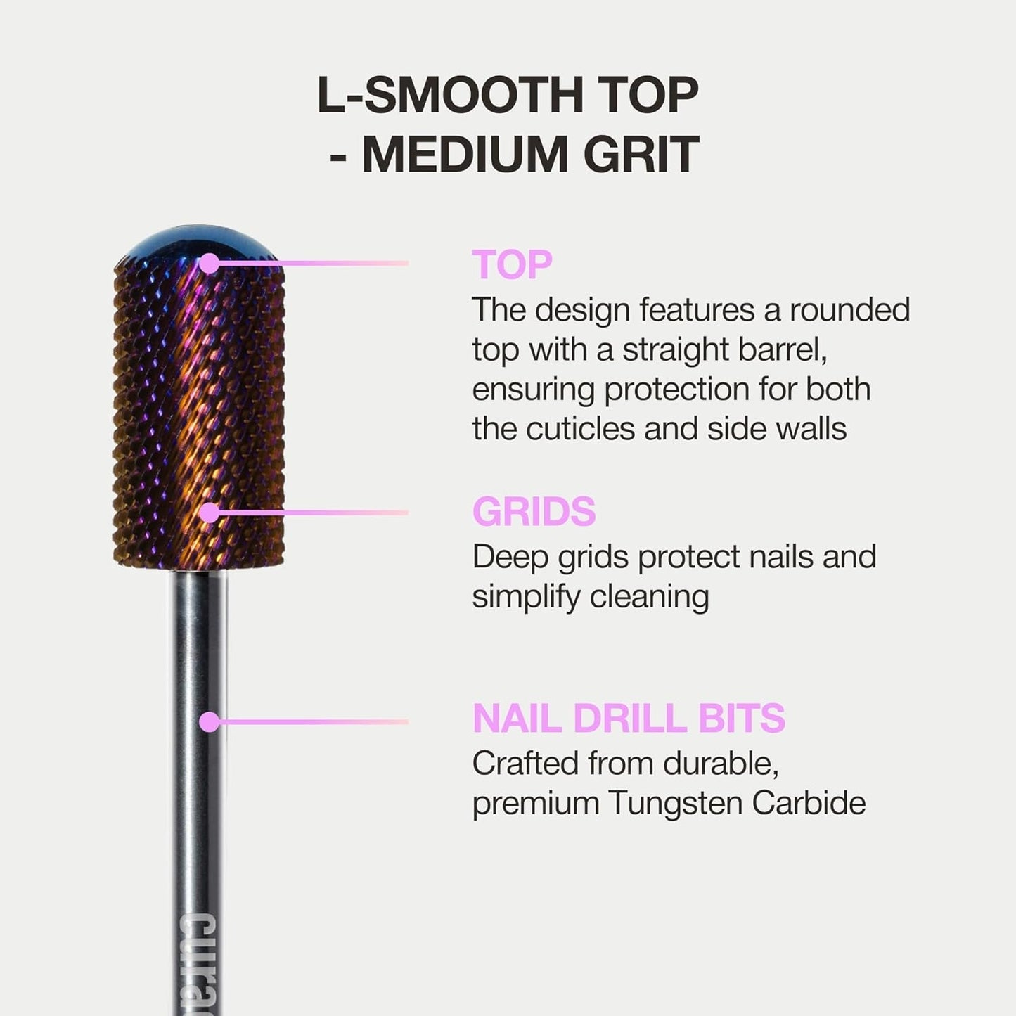 Curacoro Nail Drill Bits 3/32'' - L-Shaped Smooth Stop Barrel Carbide Bit (Medium) for Professional Finish, Refine & Smooth Acrylic or Gel Nails, Nail Art Pedicure Manicure Salon & Home