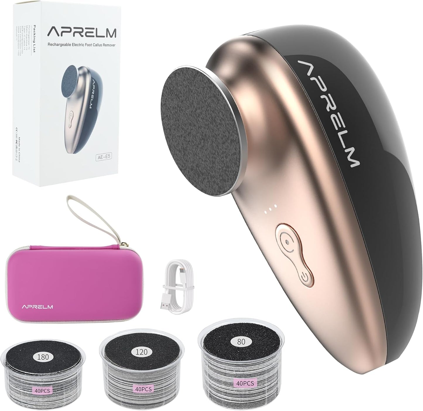 AprElm-E5 Rechargeable Electric Foot Callus Remover with 3-Sizes 120Pcs Sandpapers, Professional 1000RPM Electric Foot File with Organizer, Pedicure Tools Gifts for Women Men (Black-Gold)