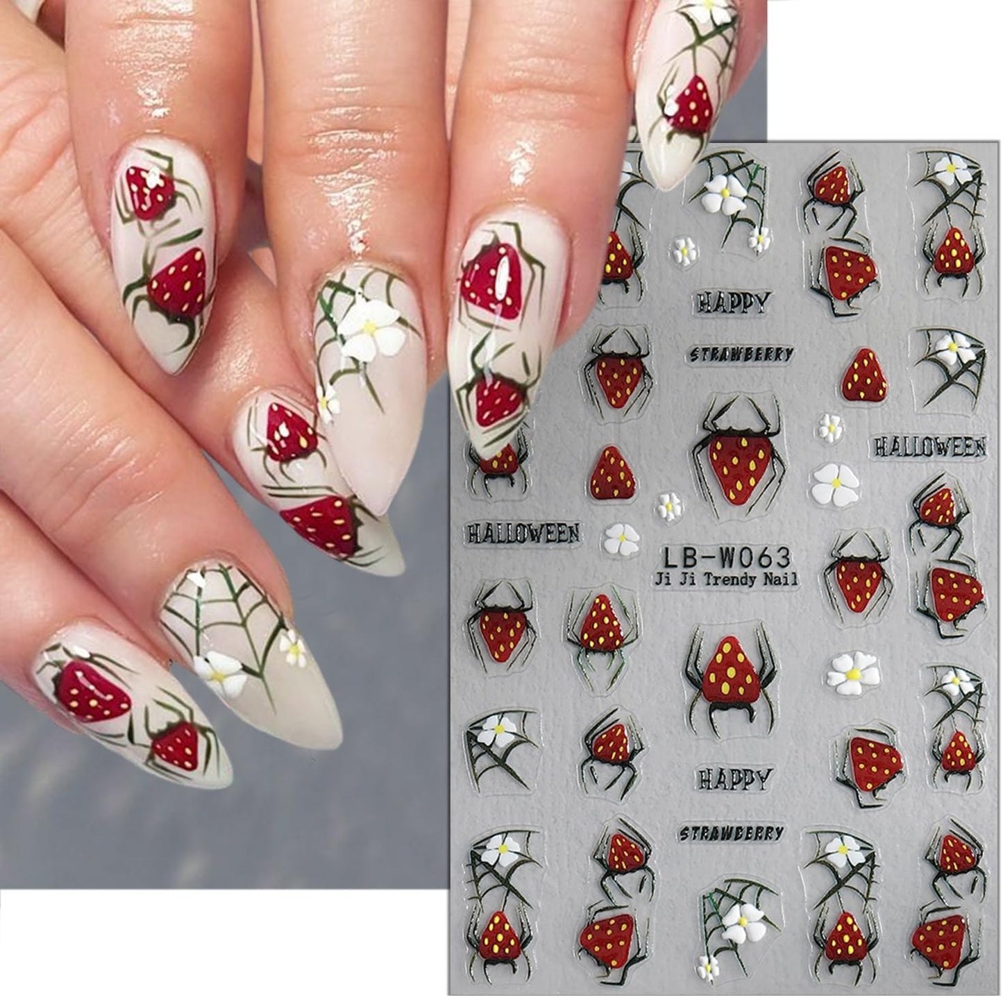 5 Sheets Halloween Nail Art Stickers Horror Skull Flower Nail Stickers Scary Embossed Ghost Spider Web Nail Decals 5D Self-Adhesive Strawberry Spider Nail Decoration for Women Girls Nail Designs