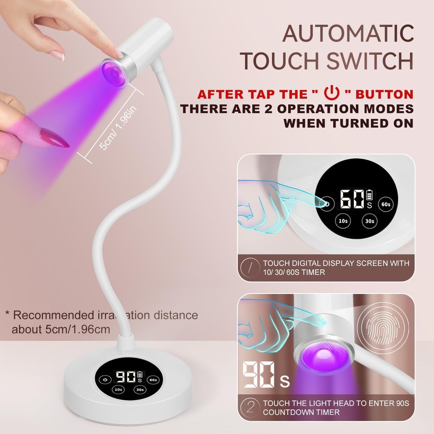 AORAEM UV LED Nail Lamp, Rechargeable Gooseneck Lamp for Gel Nails 12W Quick Dry LED Nail Light Bueaty Dryer with 4 Timers & Auto Sensor, Professional Flash Cure Light for Gel Nails Home DIY White
