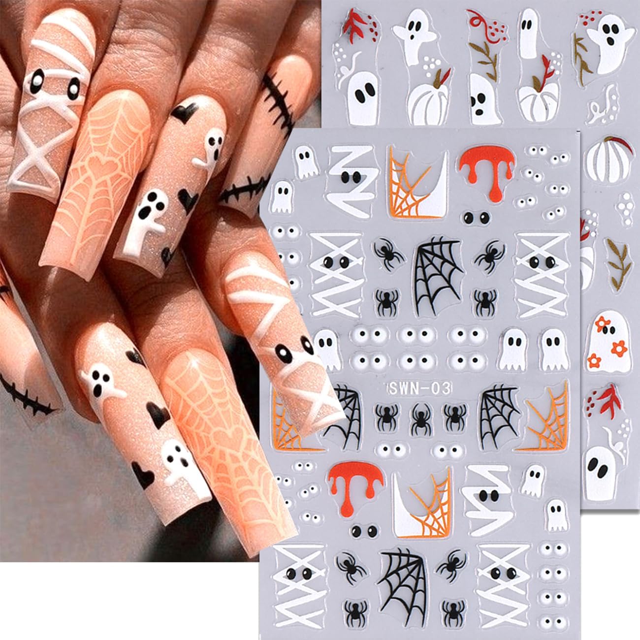 6 Sheets Halloween Nail Art Stickers,3D Cute Nail Decals White Ghost DIY Nail Tips Sticker for Halloween Party, Skull Pumpkin Star Ghost Bat Spider Web Self-Adhesive Designs Manicure Decorations