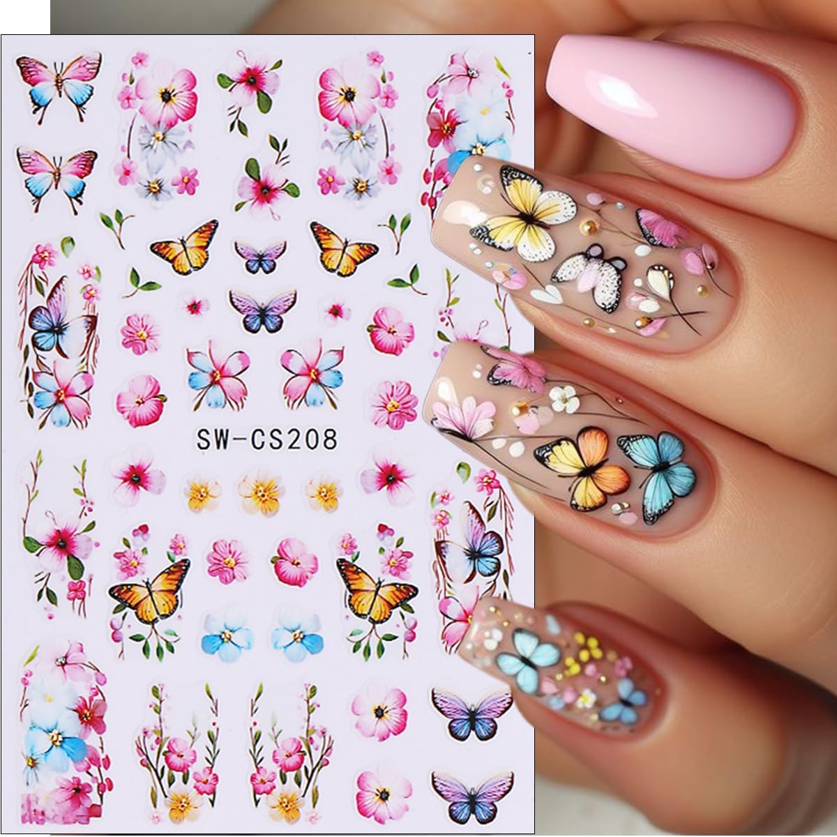 6Pcs Butterfly Nail Stickers for Nail Art Spring Flower Nail Decals French Tip Nail Art Stickers Retro Blue Pink Butterflies Floral Nail Design Supplies Cute Nail Decoration for Acrylic Nails Charm