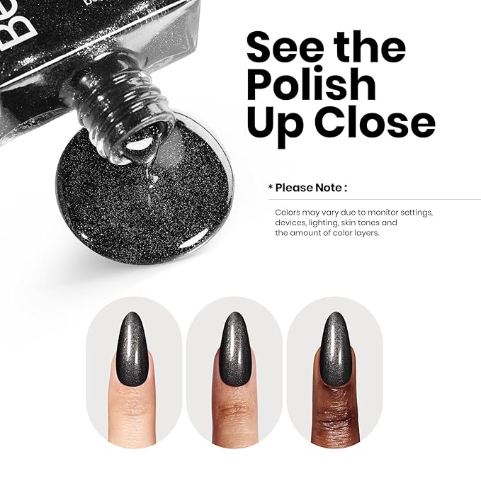 Beetles Black Glitter Nail Polish-1Pcs 15ml Fast Drying Nail Polish Shimmer Black Winter Nail Polish Nail Lacquer Glossy Finish Nail Art Design for Women,Up to 8 Days of Wear, 0.51 FL OZ
