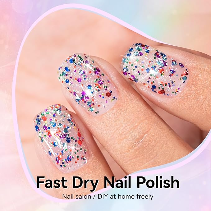 Fast Dry Nail Polish, Multicolor Glitter Purple Blue Red Sparkle Fingernail Polish, No UV Lamp Needed, Vegan, Long Lasting Gradient Nail Art DIY Home Travel Manicure Gift