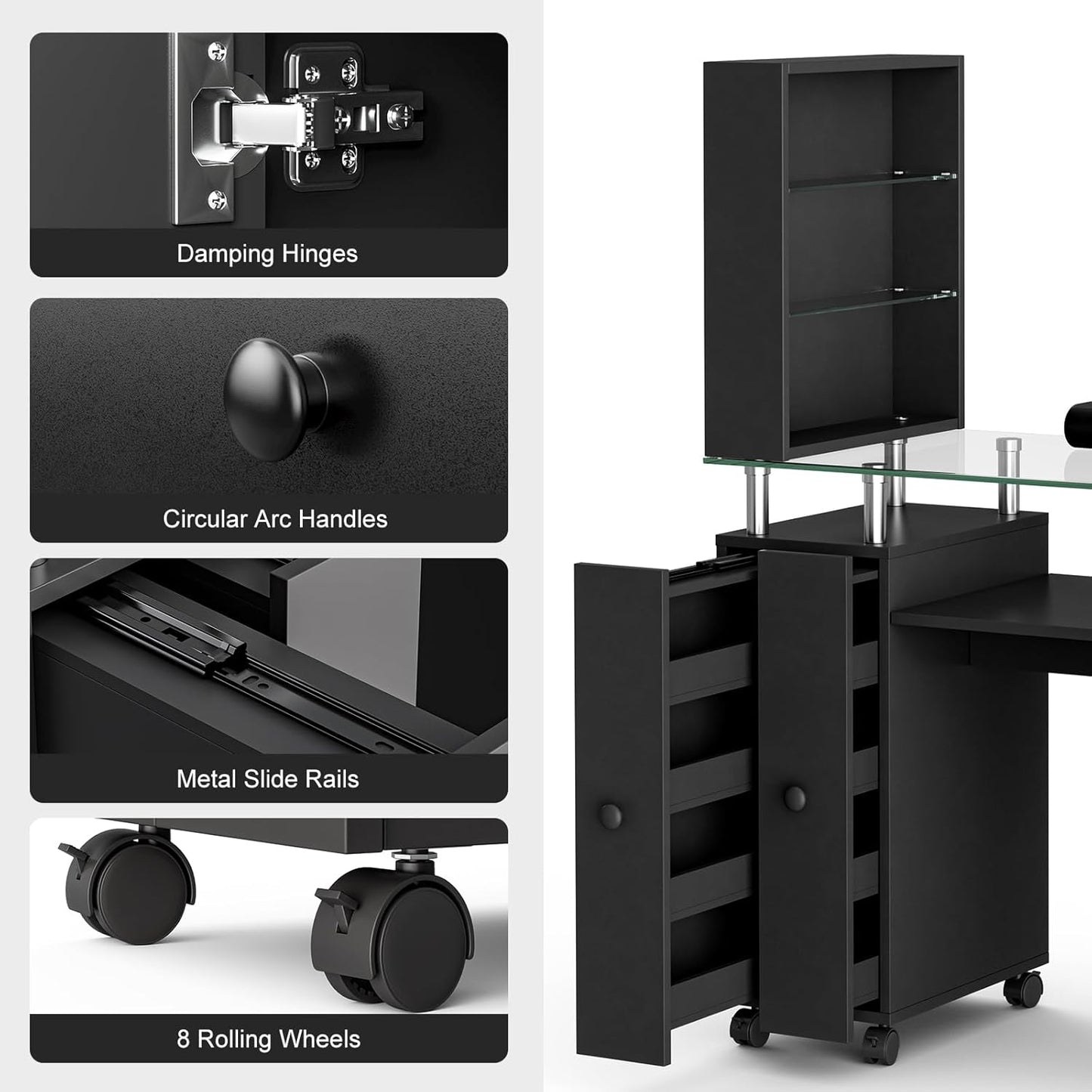 Paddie Manicure Table Nail Tech Table, Glass Top Nail Desk Station for Nail Tech w/Shelves & Wrist Cushion, Acetone Resistant Beauty Salon Workstation w/Lockable Wheels(Black)