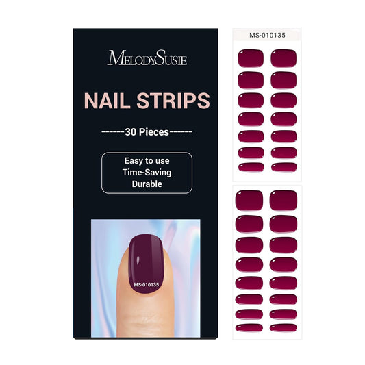 MelodySusie 30PCS Semi Cured Gel Nail Strips, Wine Red, Salon Quality, Long Lasting, Easy to Apply, Includes 2 Prep Pads, Nail File and Wooden Stick