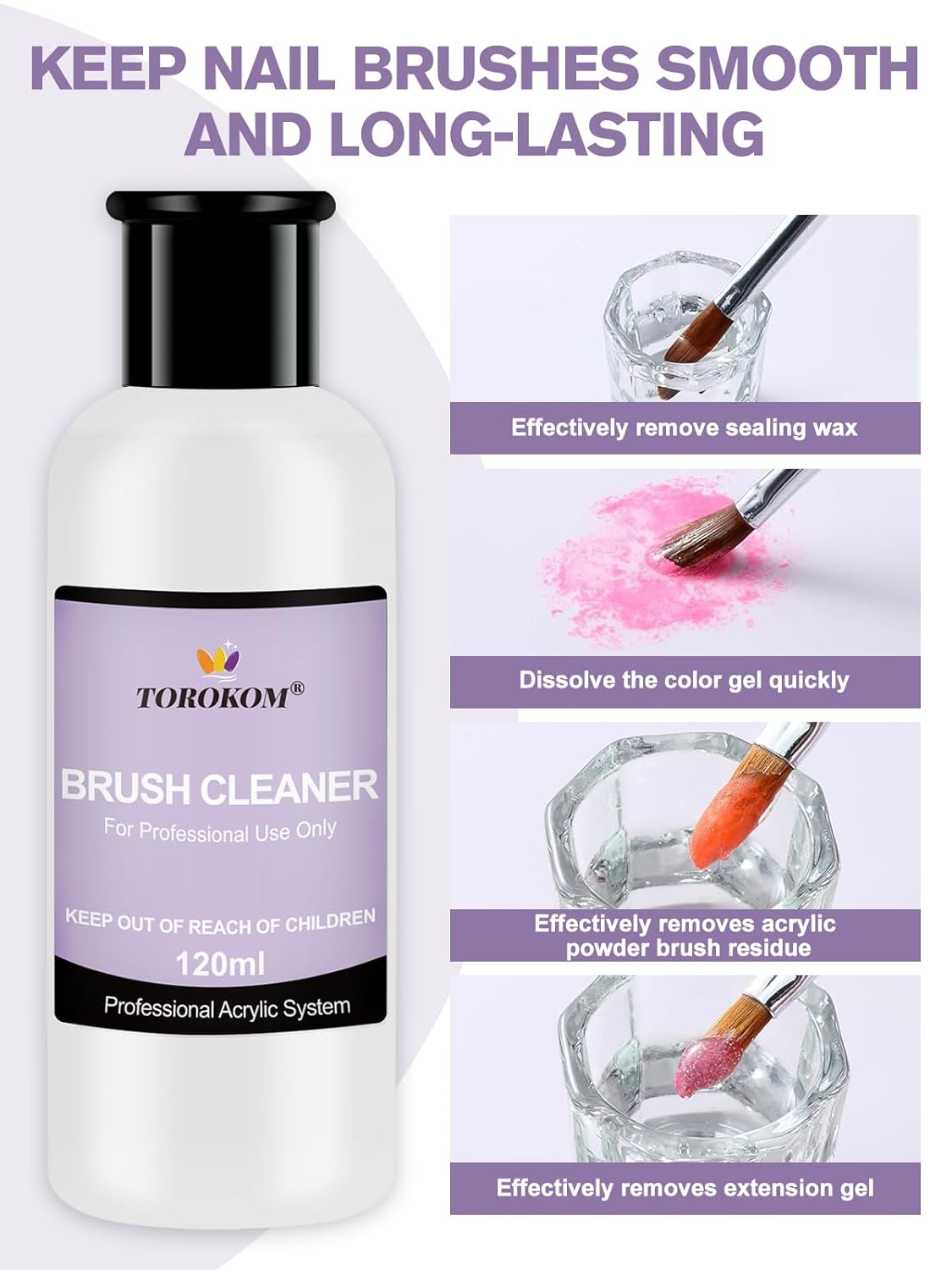 TOROKOM Acrylic Nail Brush Cleaner, 4 OZ Acrylic Brush Cleaner Nail Brush Cleaner Conditioner with Dappen Dish and Scrub Brush for Quickly Clean Gel Polish, Nail Extension Gel, Acrylic Nails Brush