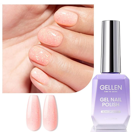 Gellen Natural Pink Gel Nail Polish, 18ml 1091 Glitter Pink Nail Gel Polish U V Light Cure Soak Off Gel for Spring Summer Daily Use at Home Manicure