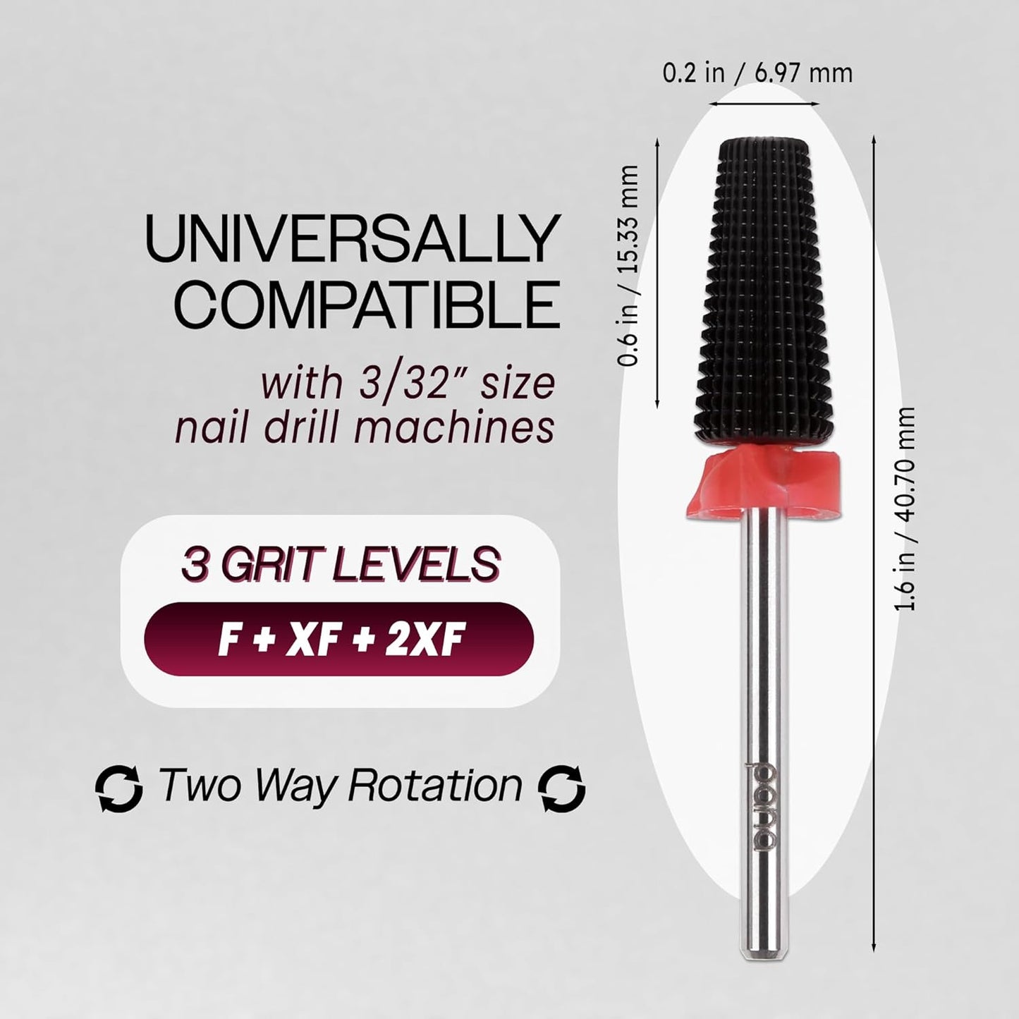 PANA Nail Carbide 5 in 1 Bit - Two Way Rotate use for Both Left and Right Handed - Fast remove Acrylic or Hard Gel - 3/32" Shank - Manicure, Nail Art, Drill Machine (Fine - F, Black)