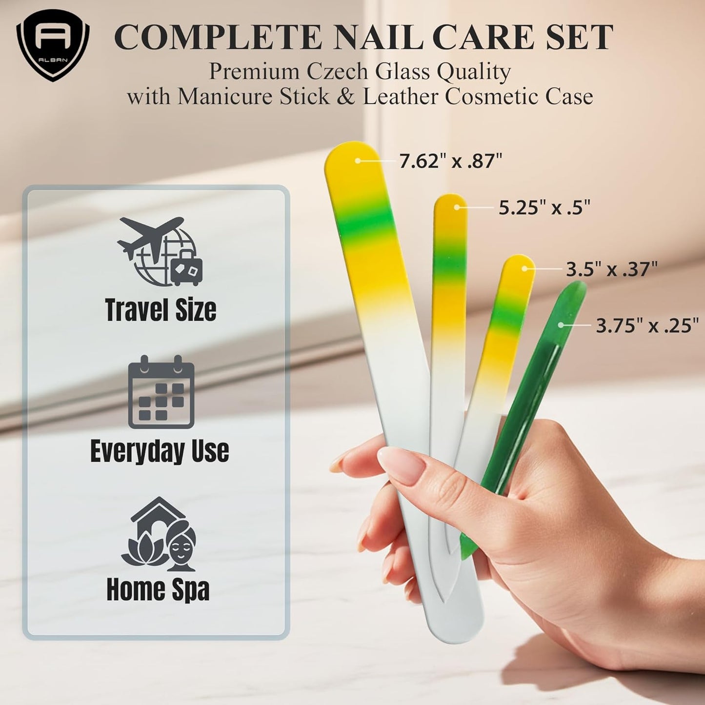 Alban Czech Glass Nail File Parent (Yellow & Green & Green Manicure, 5, Count, 180/240 Grit)