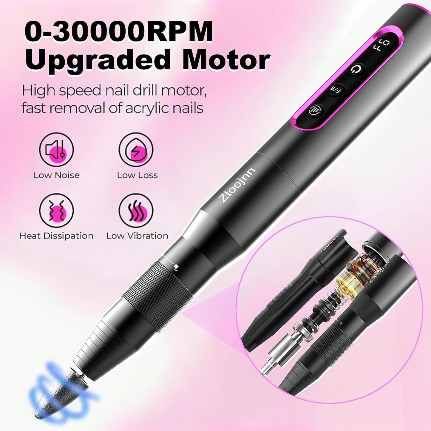 Professional Cordless Nail Drill Kit,Alloy Electric Nail File for Acrylic Nails Gel Polishing Callus Remover,30,000RPM with LED Display Rechargeable Quiet Manicure Pedicure Kit for DIY,Home Salon Use
