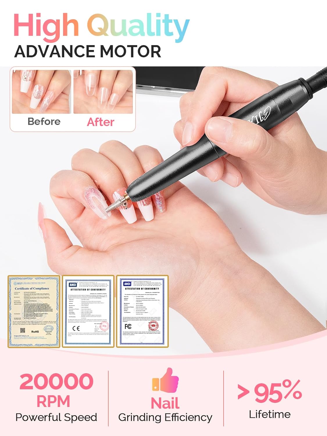 Professional Nail Drill with Storage Manicure Accessories Function, Electric Nail File for Acrylic Polish Gel Remover Fingernail Grinder Tools for Home Salon Use, Black