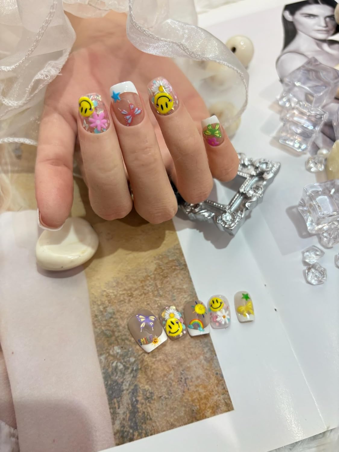 5D Embossed Smiley Face White Daisy Nail Stickers - Floral Face Nail Art Decorations for Manicure A Set of 2 Sheets