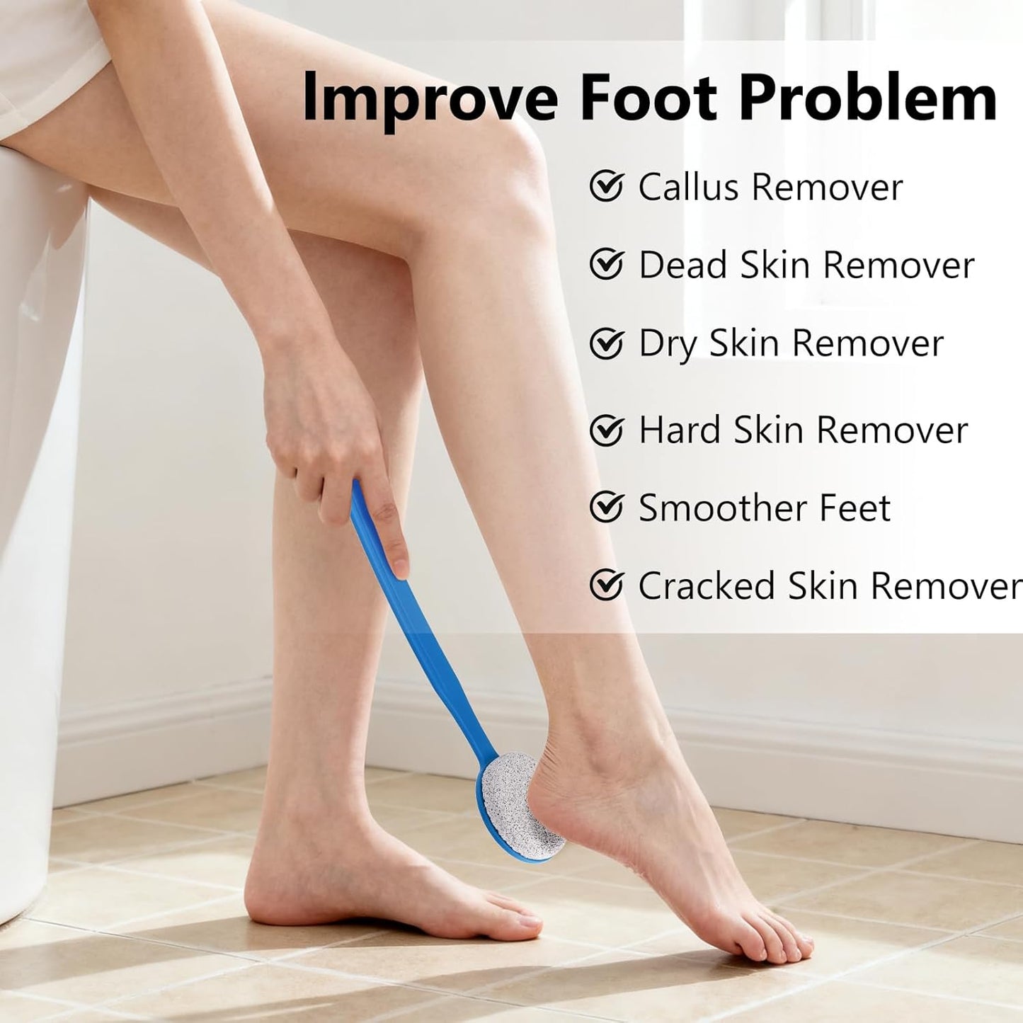 Pumice Stone for Feet with Long Handle 13.7", Hard Skin Callus Remover, Scrubber and Exfoliator for Dead Dry Skin, Softer & Smoother Feet, Pedicure Tool (Curved),Blue