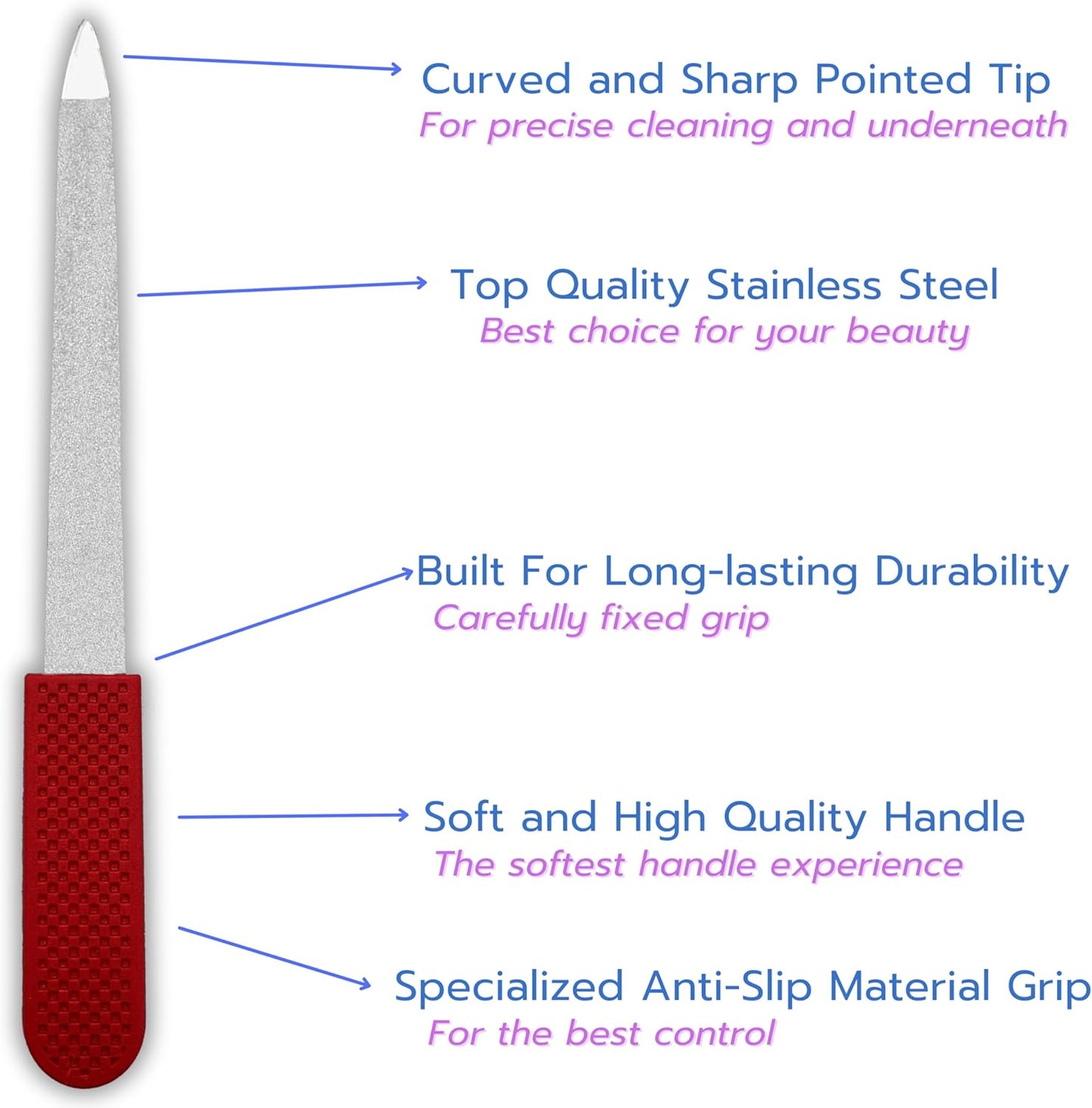 Professional Sapphire Nail File – Ruby Red, 5" Stainless Steel, Double-Sided Metal File, Ergonomic Non-Slip Handle, for Natural, Gel, Acrylic Nails, Manicure & Pedicure Tool