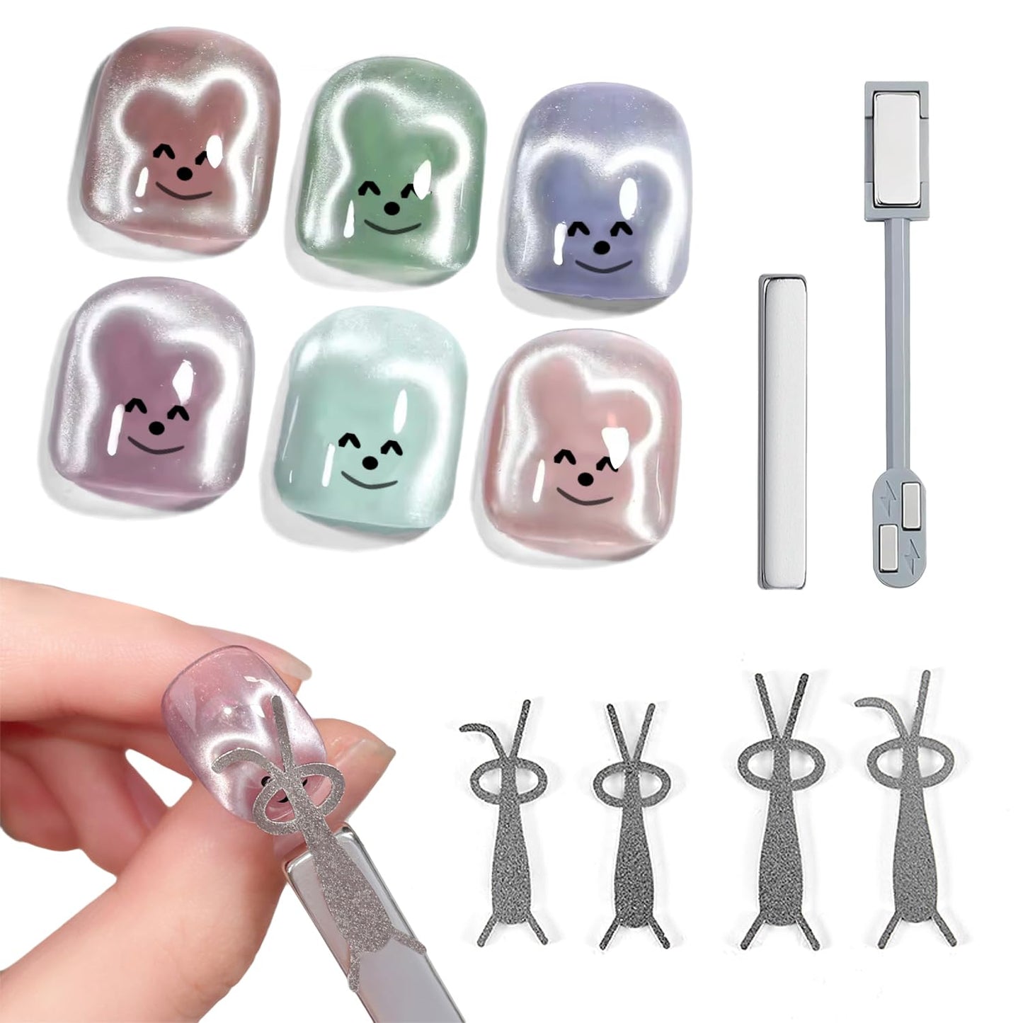 JERCLITY 2 Pieces Cat Eye Magnet for Nails Double Ended Rectangle Magnets with 4 Rabbit Shape Iron Plate for Rabbit Cat Eye Effect