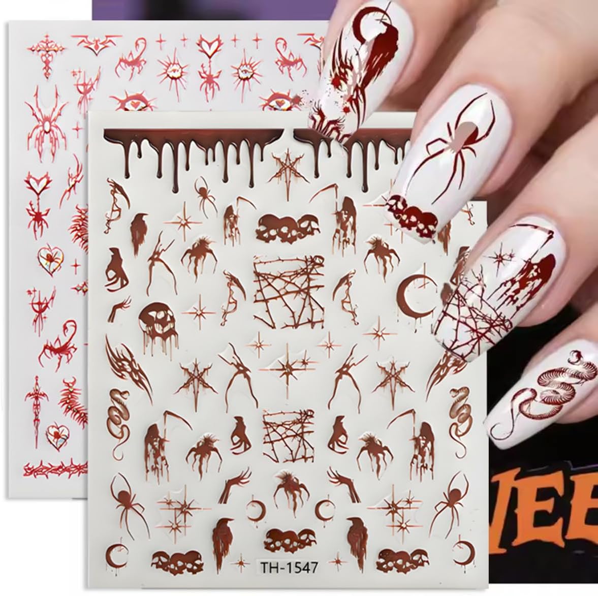 Halloween Nail Art Stickers Decals 3D Sparkly Ghost Pumpkin Self-Adhesive Nail Decals Nail Art Supplies 6PCS Spider Web Spider Black Cat Skull Bat Halloween Nails Design Transfer Sliders for Women