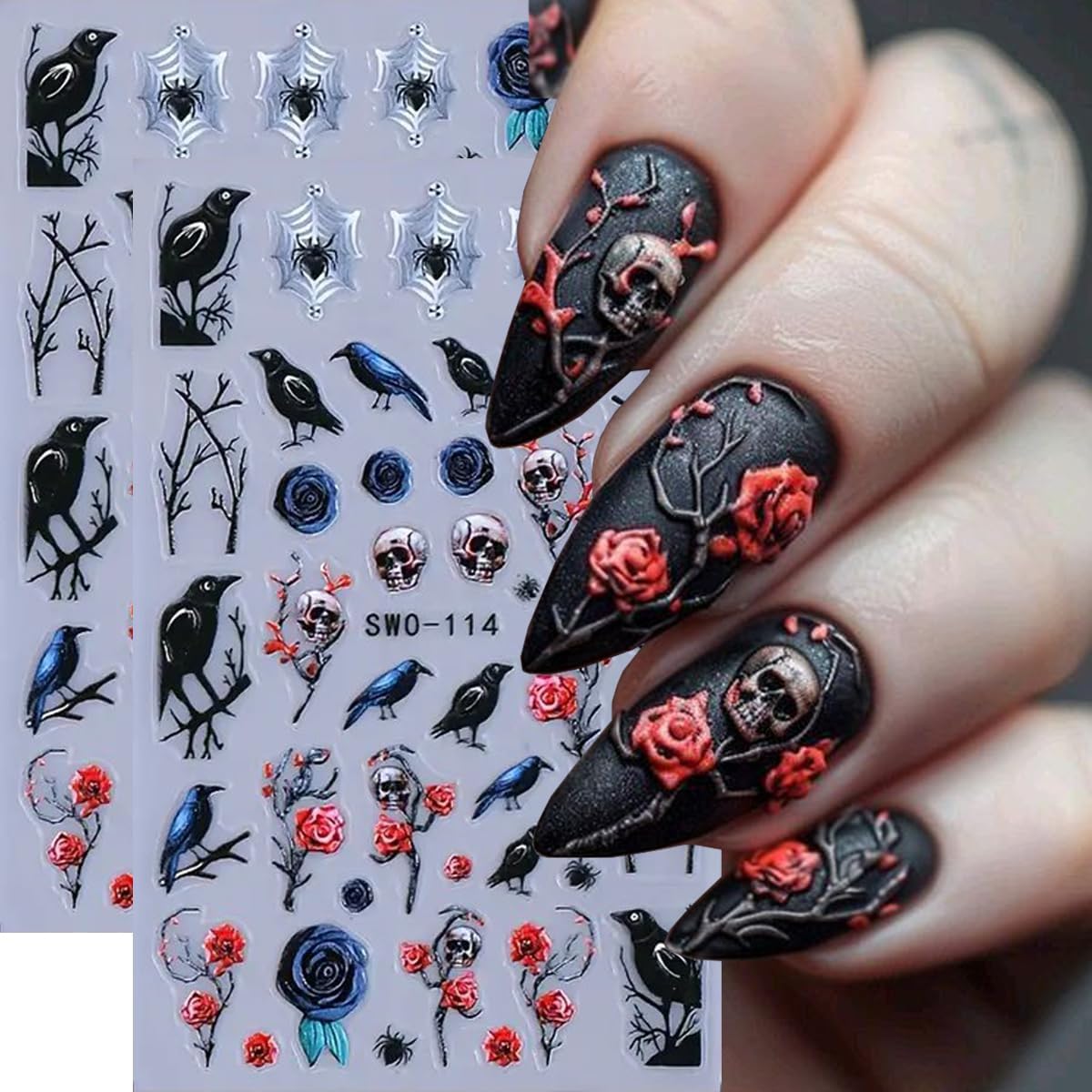 Halloween Nail Art Stickers Decals Black Style 5D Halloween Nail Stickers 2PCS Birds Skull Rose Spider Web Designs Nails Adhesive Decals Nail Art Supplies Holiday Manicure Sliders for Women