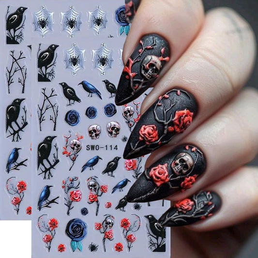 Halloween Nail Art Stickers Decals Black Style 5D Halloween Nail Stickers 2PCS Birds Skull Rose Spider Web Designs Nails Adhesive Decals Nail Art Supplies Holiday Manicure Sliders for Women