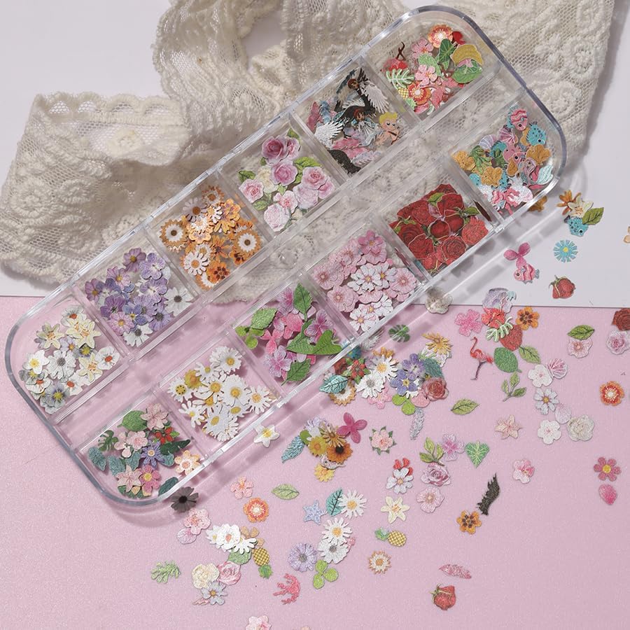 300Pcs 3D Flower Nail Art Charms Sequins Mixed Colorful Nail Flowers for Nail Art Leaves Butterfly Nail Design Slice Nail Flowers Ultra Wood Pulp Flakes Sequins 5