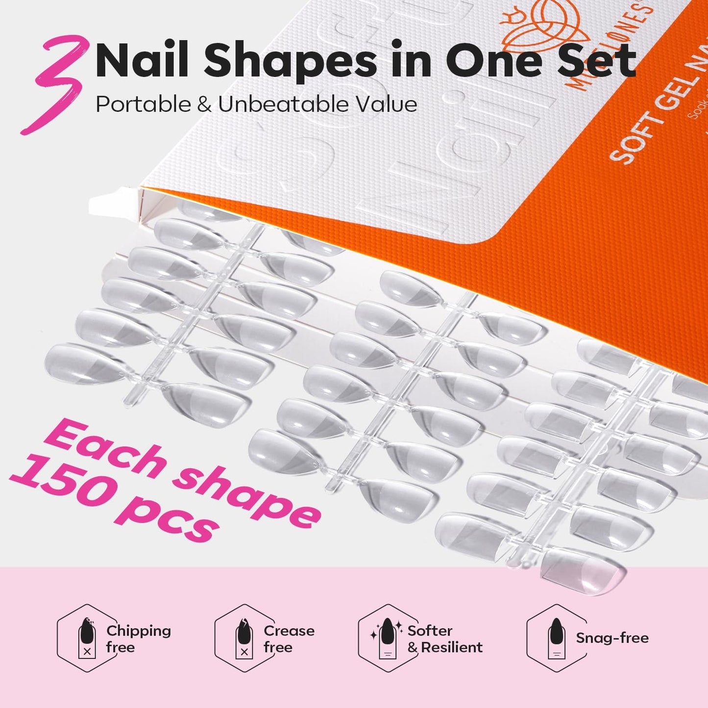 Modelones Medium & Short Almond & Short Square nail tips - Multi-type 3 Styles Set Gel Tips Half Matte Full Cover Clear Acrylic Gel Kit Fake Nails for Extension DIY Salon 450Pcs 15Sizes