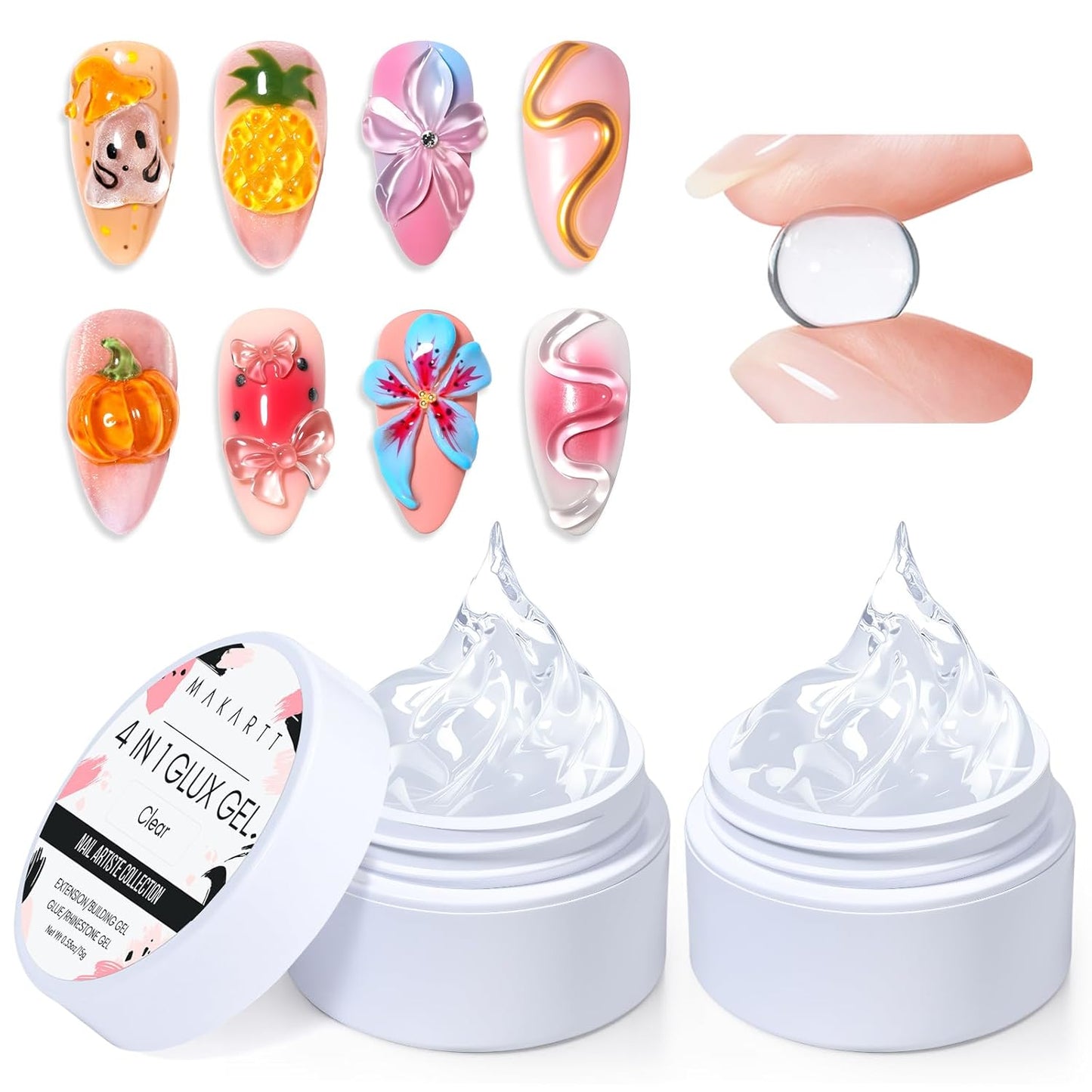 Makartt 3D Gel Nail Art: 4 in 1 Clear Solid Gel Builder for Extension UV Nail Glue for Acrylic Nails Rhinestones 3d Sculpting Gels Hard Gels for Nails UV/LED Nails Lamp Required 15ML 2 Bottles