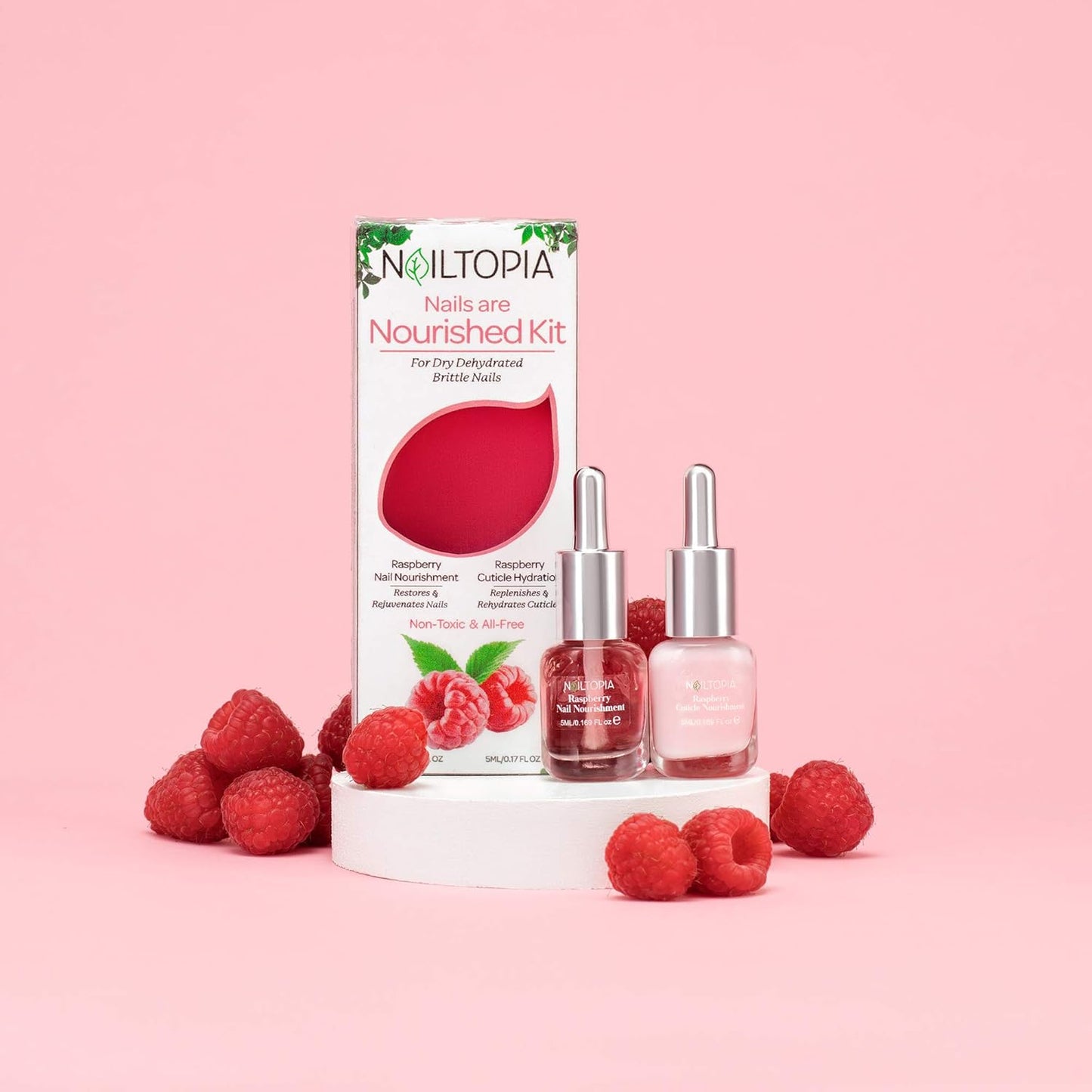 Nailtopia - Nails are Nourished Kit, For Dehydrated Brittle Nails & Cuticles - Plant-Based, Non Toxic, Bio-Sourced - Moisturizing & Strengthening Superfood Treatment - Raspberry Extract (Clear) - 2 Pc