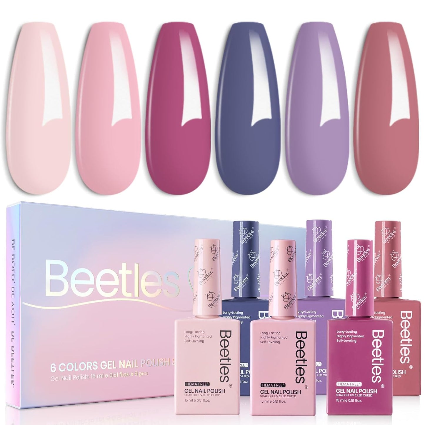 Beetles Gel Nail Polish Set Hema Free - 6 Colors Purple Nude Baby Pink Blue Gel Polish Kit Soak Off Uv LED Nail Lamp 15ml DIY Home Manicure Salon Serene Afternoon Gift for Women Girls