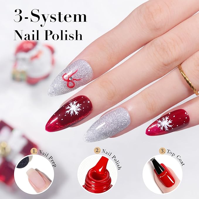 AZUREBEAUTY Red Christmas Nail Polish Set Quick Dry Silver Glitter Cat Eye 4 Colors Natural Fingernail with Top Coat DIY Salon Home no Gel Women Gifts