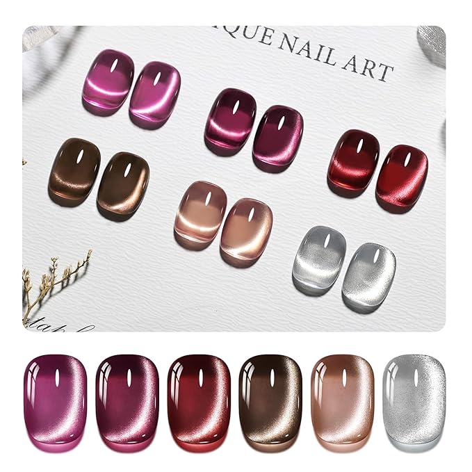 JODSONE Cat Eye Gel Nail Polish Set Purple Red Sliver Collection 6 Colors for Holographic Glitter Cat Eye with Magnet at Home DIY Design Gift for Girls