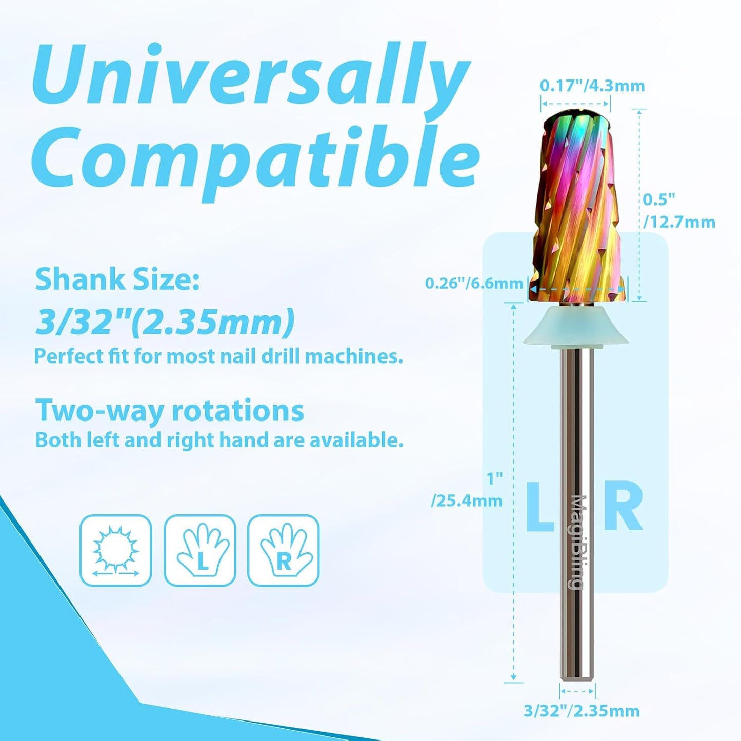 Round Top Nail Drill Bits, Cross Cut Tapered 3/32'' Safety Tungsten Carbide Professional Bit, Remove Gel Fast, Left Right Hand Use, Acrylic Nail Polish, Technicians Bits, Quadruple Coarse.