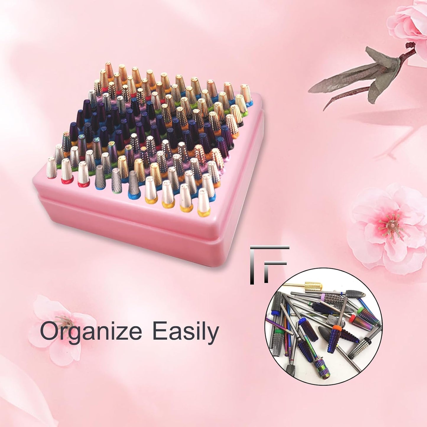 Nail Drill Bits Holder, CORFULRA Nail Organizer Box for Nail Drill Bits, Large Space of Container Case for Drill Bits for Nails, 100 Holes Dustproof Displayer Box of Nail Supplies for Nail Tach, Pink