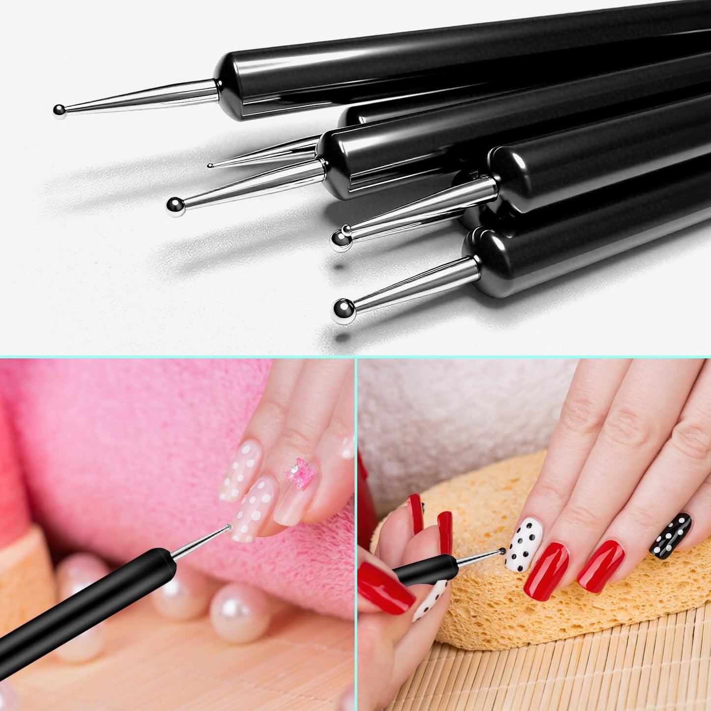 11PCS Nail Art Brushes & Nail Dotting Tools,Double Ended Tipped Silicone Nail Tools,Gel Polish Brush,Liner Brush,Dotting Pen for Home Salon DIY Kit (Black)
